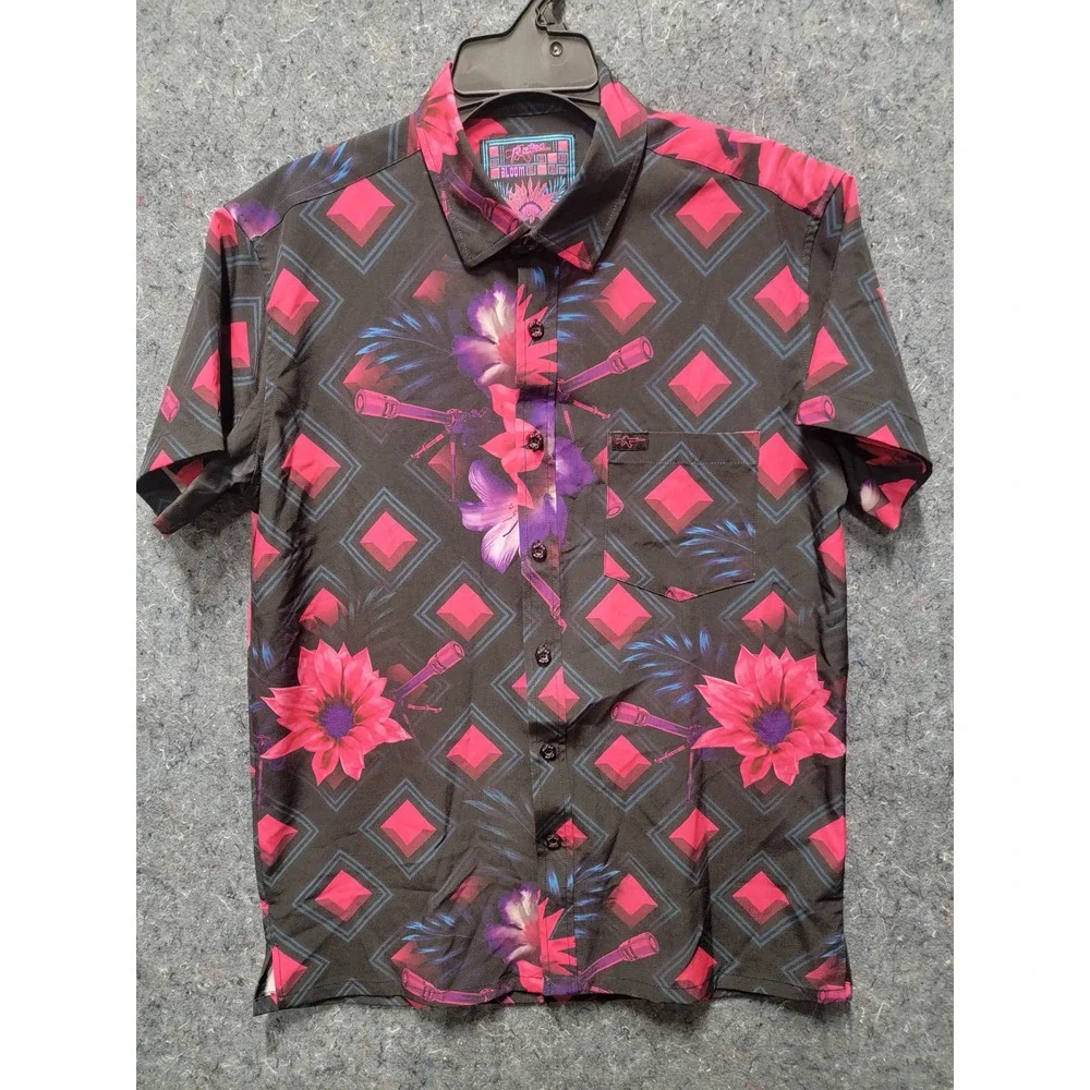Retro Rifle Pink/Blue/Black Short Sleeve Button Down‎ Shirt Size M
